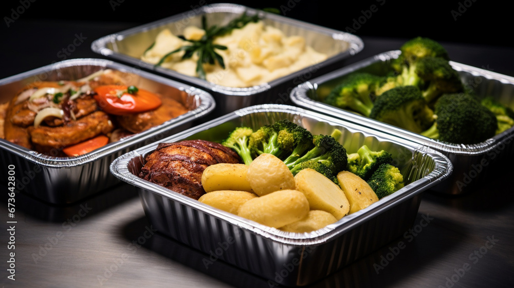 Delivery of business lunches, food in aluminum containers for office workers. Delivery of business lunches, food in aluminum containers for office workers.