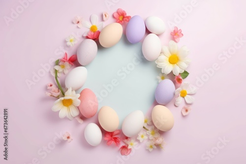 Easter eggs floral wreath element. Decorative flowery beautiful invitation postcard. Generate Ai