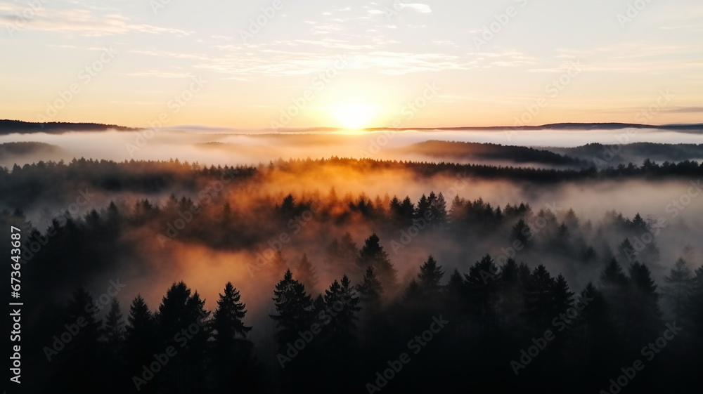 Dawn over the forest. View from a drone.