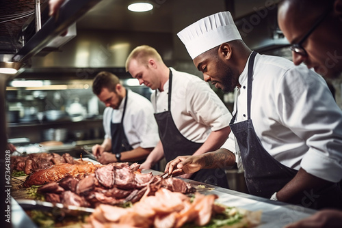 A group of chefs is working in the kitchen of a restaurant. Teamwork.
