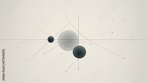 Minimalist composition with two gray spheres aligned diagonally, connected by thin lines and dots, against a light background, suggesting a molecular or solar system model. photo