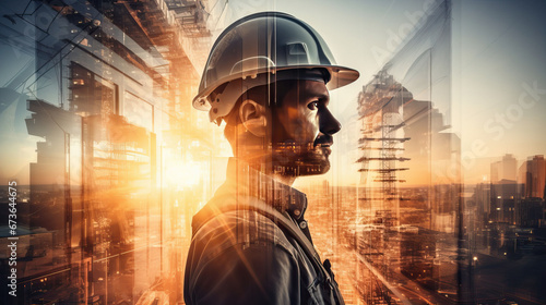 Double exposure of Engineer with safety helmet on construction site background. Engineering and architecture concept photo