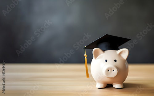 A piggy bank proudly wears a graduation cap on a wooden desk, with a blackboard in the background and space for text, symbolizing the importance of saving for education and academic goals