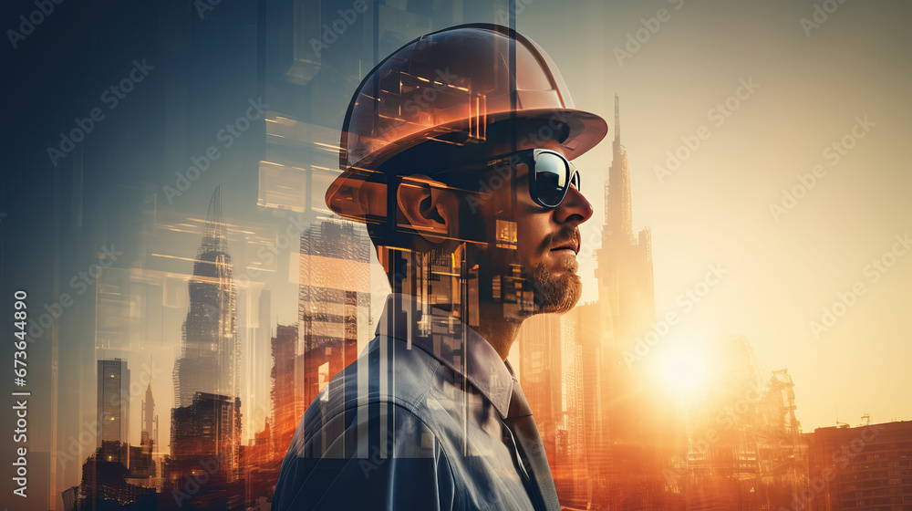 Double exposure of Engineer with safety helmet on construction site background. Engineering and architecture concept Double exposure of Engineer with safety helmet on construction site background. Engineering and architecture concept