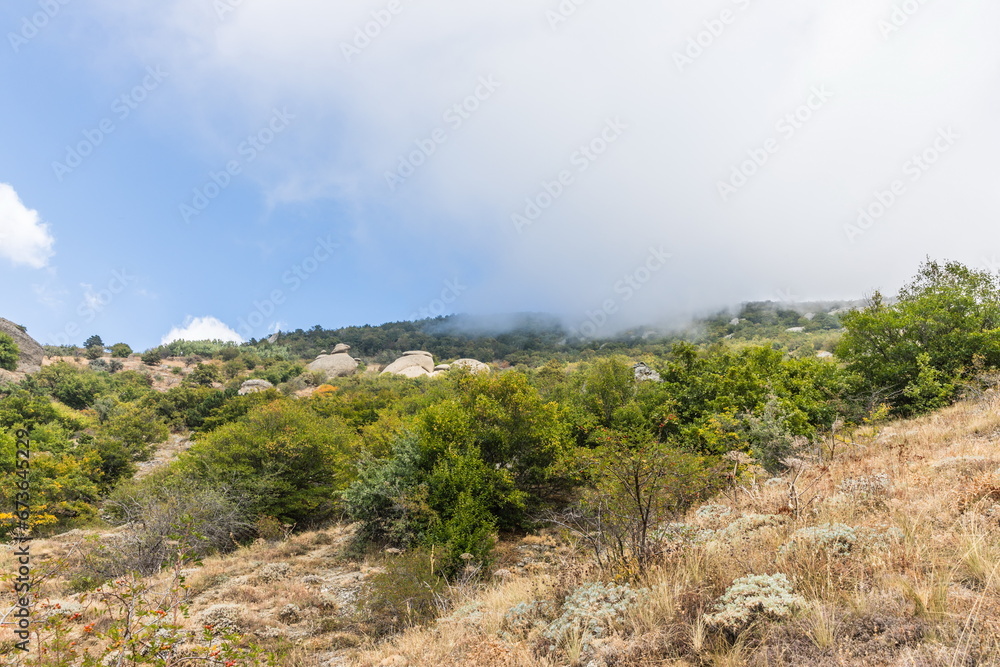 Mysterious mountain landscape of the Valley of Ghosts on the western slope of Mount Demerdzhi in Crimea. Popular tourism and trekking destination Mysterious mountain landscape of the Valley of Ghosts on the western slope of Mount Demerdzhi in Crimea. Popular tourism and trekking destination