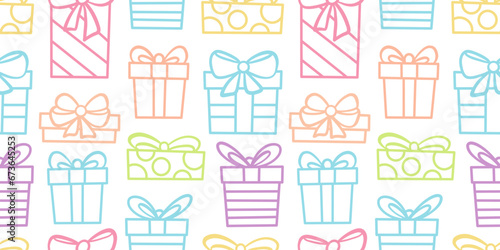 Cute pastel celebration gift box vector pattern, seamless repeat backgorund, colorful hand drawn presents. Repeating wallpaper or textile print design.