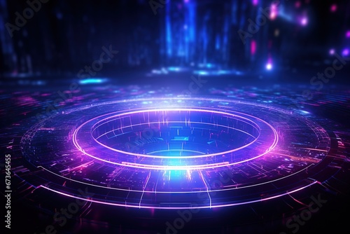 abstract futuristic background with pink blue glowing neon podium ring wave lines and bokeh lights. Data transfer concept Fantastic wallpaper © ChickyKai