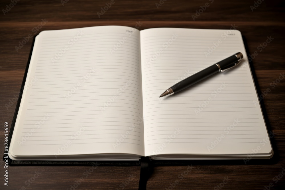 Open notebook pen document closeup. Wood letter empty instrument writing. Generate Ai Open notebook pen document closeup. Wood letter empty instrument writing. Generate Ai