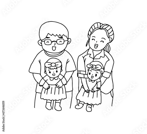 Happy dad and mom holding baby twins, outline drawing vector