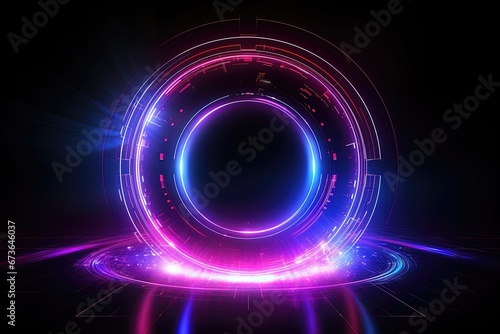 abstract futuristic background with pink blue glowing neon ring podium moving high speed wave lines and bokeh lights. Data transfer concept Fantastic wallpaper