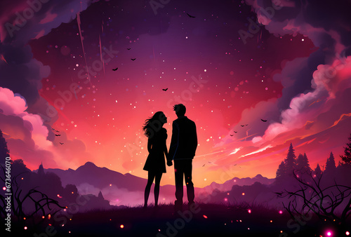 Romantic Couple Silhouette Standing in Front of Trees at Sunset with Pink Starry Night Sky, Valentine's Day Illustration Background