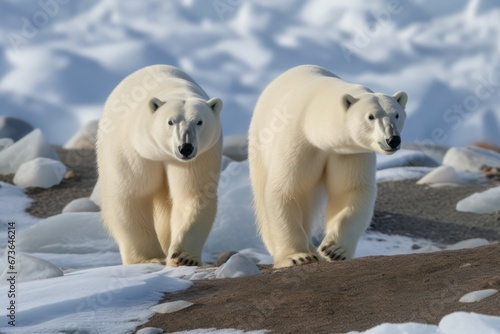 Polar bears snow arctic cold. Park animal mother carnivore water fur. Generate Ai