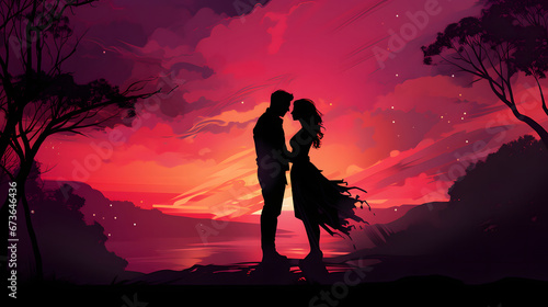 Romantic Couple Silhouette Standing in Front of Trees at Sunset with Pink Starry Night Sky  Valentine s Day Illustration Background