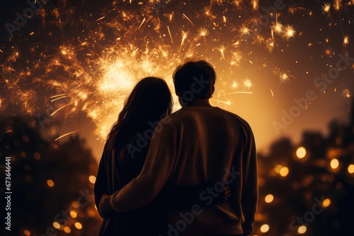 Love in the Sky Couple Holds Sparklers and Fireworks Illuminate the Night,ai generated