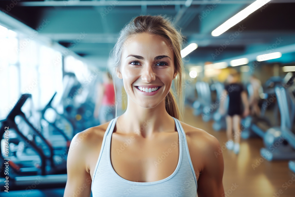 Portrait of a smiling beautiful caucasian woman in gym working out. Healthy lifestyle, fitness and sport.