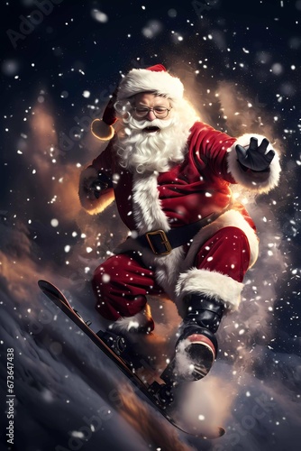 Merry Chrismas. Santa Claus snowboarding fast. Winter fairy scene with a chrismas atmosphere. Chrismas holyday postcard © serdjo13