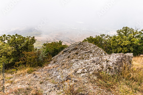 Mysterious mountain landscape of the Valley of Ghosts on the western slope of Mount Demerdzhi in Crimea. Popular tourism and trekking destination