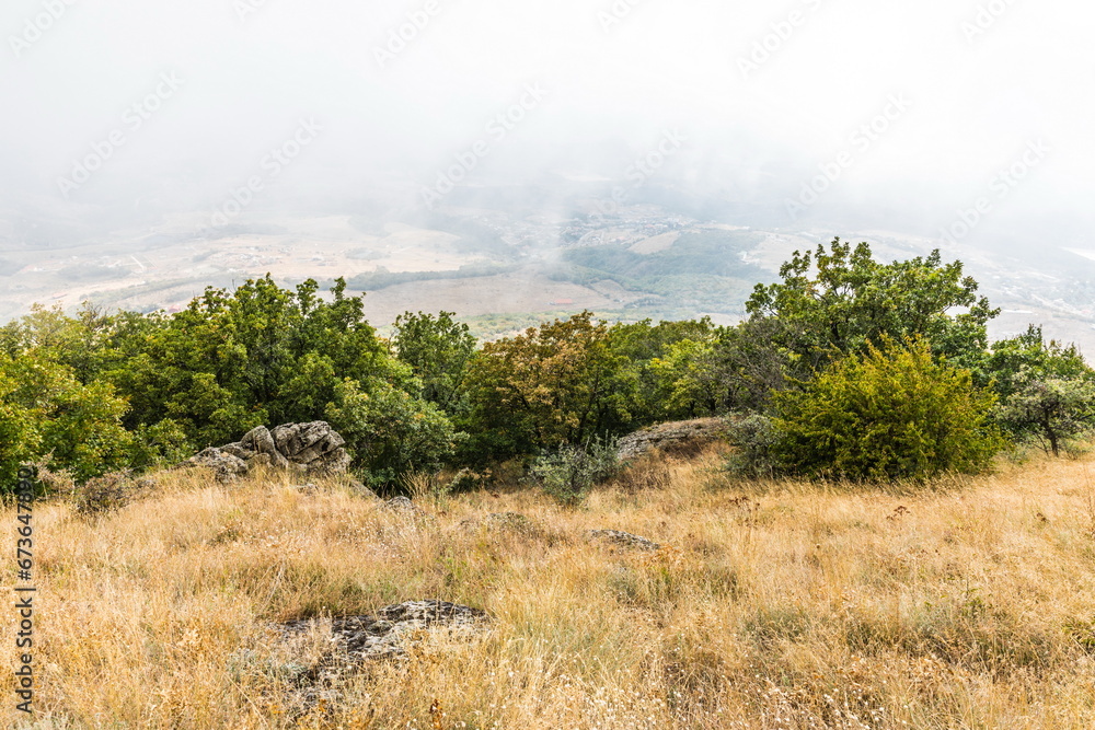 Obraz premium Mysterious mountain landscape of the Valley of Ghosts on the western slope of Mount Demerdzhi in Crimea. Popular tourism and trekking destination