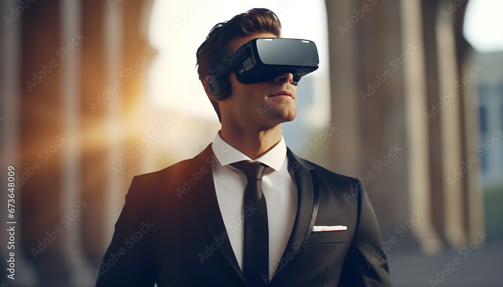 Man in suit wearing virtual reality headset Man in suit wearing virtual reality headset