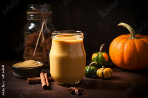 Pumpkin healthy drink glass. Autumn orange fall vitamin diet. Generate Ai