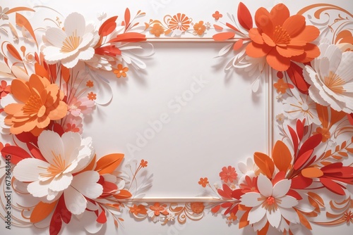 Background for party  birthday  wedding or graduation invitation in white color with floral frame with colorful decorations in soft art style. Generative Ai.