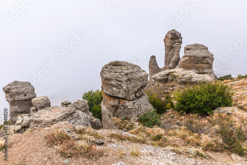 Mysterious mountain landscape of the Valley of Ghosts, a cluster of strangely shaped rocks on the western slope of Mount Demerdzhi in Crimea