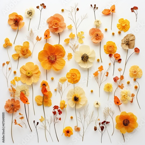 beautiful assorted dried orange and yellow flowers laid out on a white background
