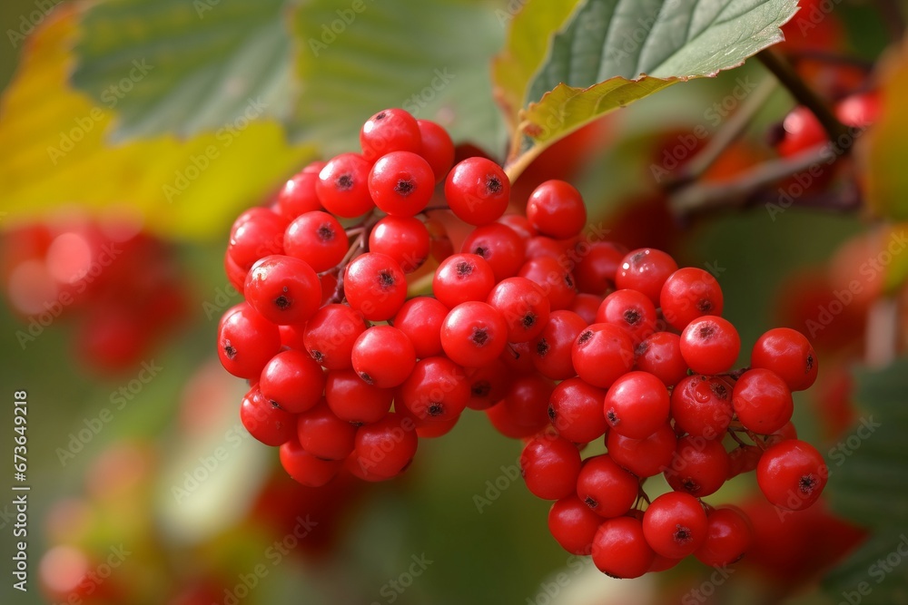 Red berries branch fall. Fruit leaf nature closeup organic. Generate Ai
