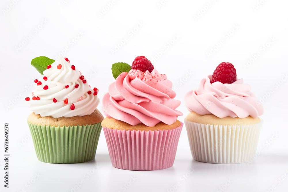 Delicious cupcakes on white background. 