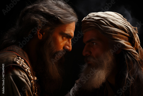 captivating photo illustrating the imagined first encounter of Rumi and Shams, with a focus on their eyes and expressions that convey deep spiritual connection.