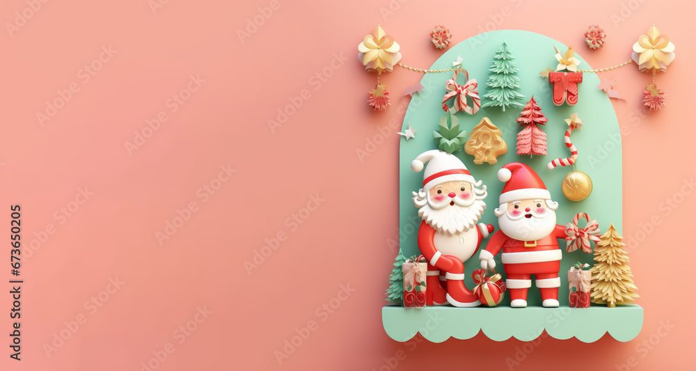 Christmas banner with 2 Santa Claus with gits and ornaments
