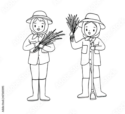 Happy woman farmer, outline drawing vector