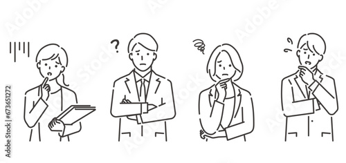 悩むビジネスパーソンの白黒ベクターイラスト素材。上半身。