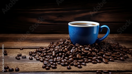 A blue coffee cup full of black coffee on a wood background with coffee beans
