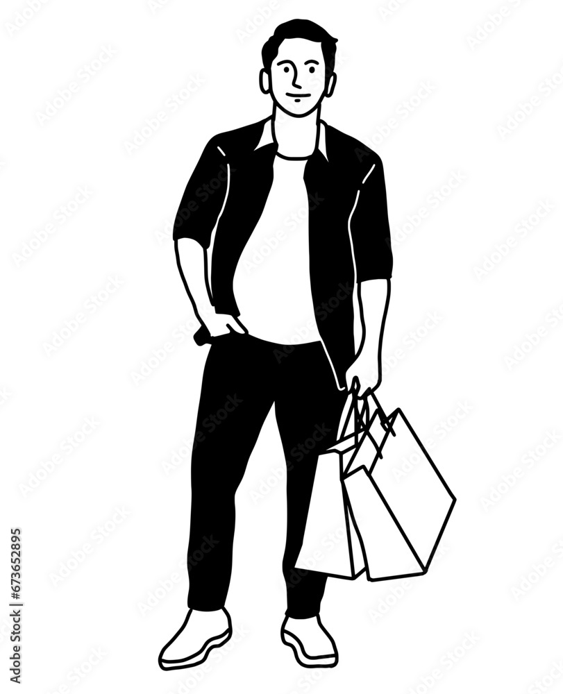 Man Shopping In Shopping Center. Woman Shopping In Mall. Person Brings Shopping Bag Man Shopping In Shopping Center. Woman Shopping In Mall. Person Brings Shopping Bag