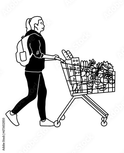 Shopping In Grocery Store Using Trolley. Person Shopping in Supermarket.  Man Pushing The Trolley. Woman Pushing The Trolley