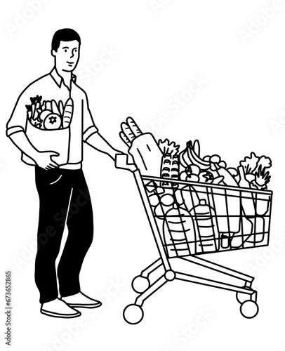 Shopping In Grocery Store Using Trolley. Person Shopping in Supermarket.  Man Pushing The Trolley. Woman Pushing The Trolley