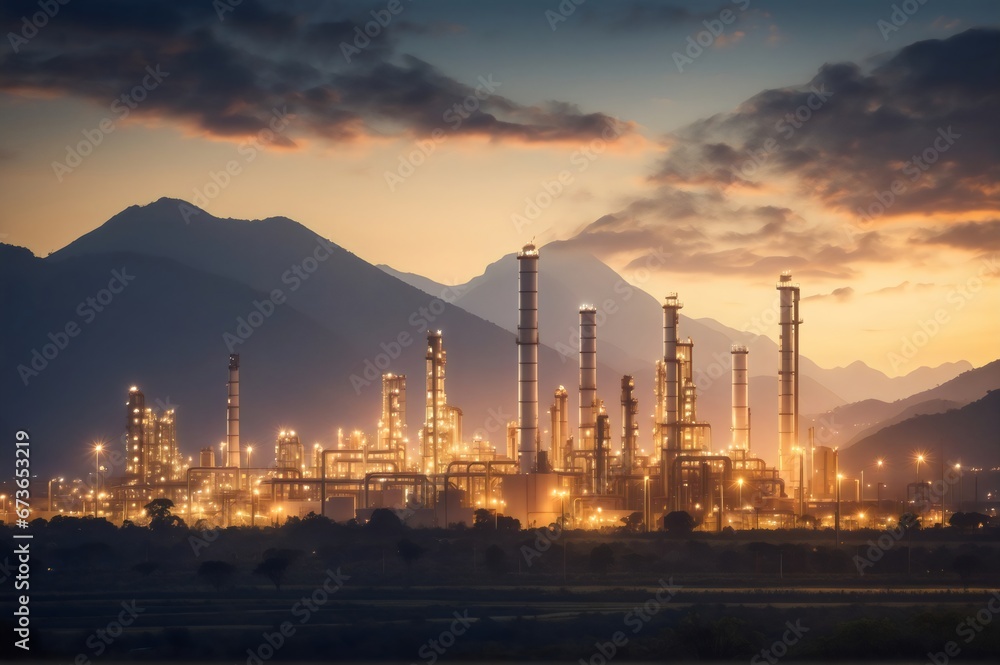industrial factory in the evening with mountain for business presentation background