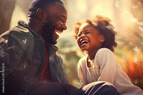 Portrait, happy father and boy smile in garden fun, vacation and break in summer happiness together. Black man and child smile, love and hug outdoor bonding free time on a sunny day in the park  #673653241