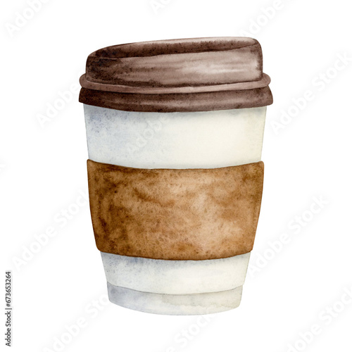 Paper coffee cup for takeaway watercolor illustration. Food illustration for hot drinks with lid and brown cupholder. Coffee to go template for bakery design photo