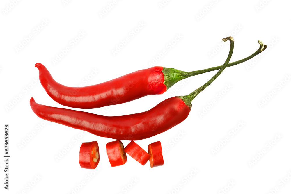 Whole and cut red hot chili peppers top view on transparent background png