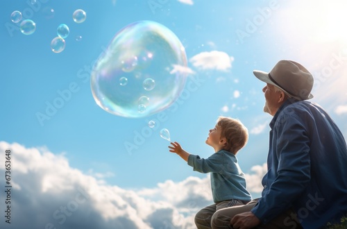 child and man throwing soap bubbles at the sun, in the style of staged photography, photorealistic renderings © panu101