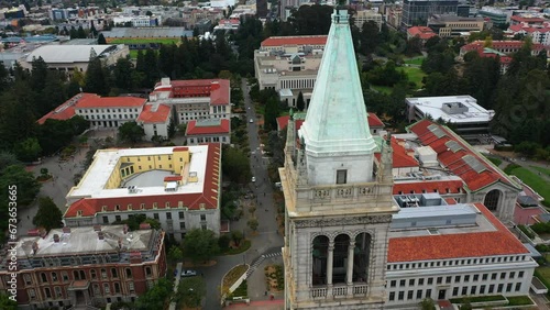 Aerial tilt shot rising in front of the Campanile, Sather Tower in Berkeley, USA photo