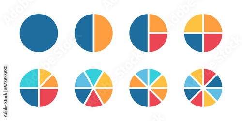 Infographic pie chart set with cycle 1, 2, 3, 4, 5, 6, 7, 8 on white. Vector illustration
