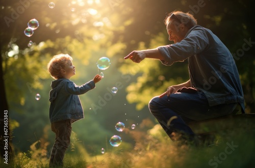 child and man throwing soap bubbles at the sun, in the style of staged photography, photorealistic renderings