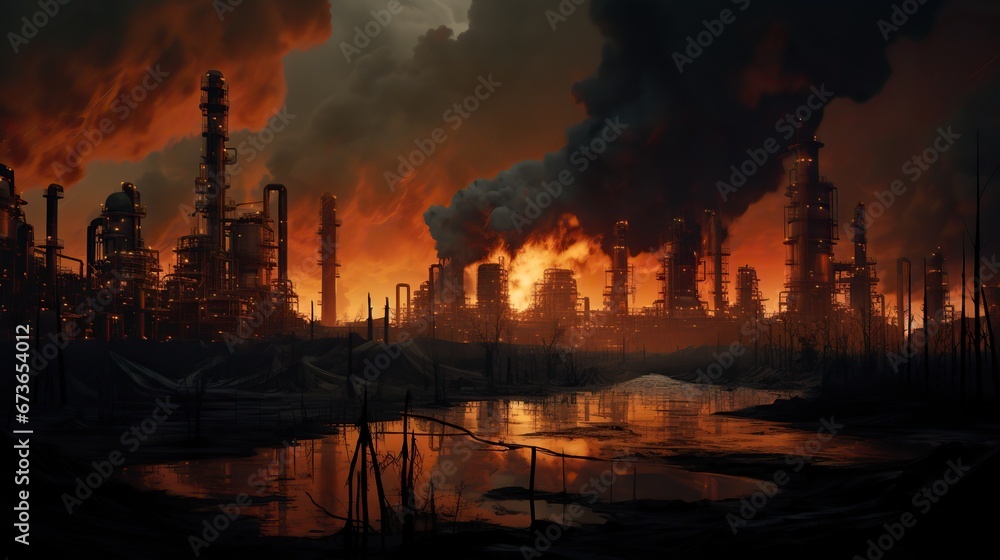 Burning oil refinery