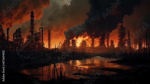 Burning oil refinery