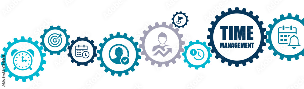 Time management banner vector illustration with the icons of planning, streamline, set goals, control, delegate, organization, priorities, management, proceeding on white background.