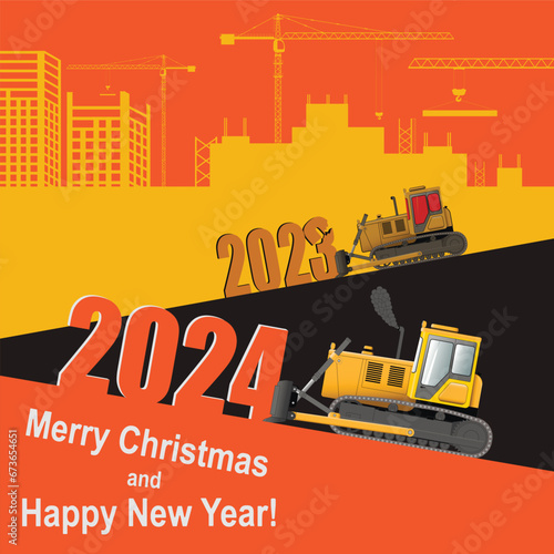 Postcard Happy New Year 2024. The work of caterpillar bulldozers.