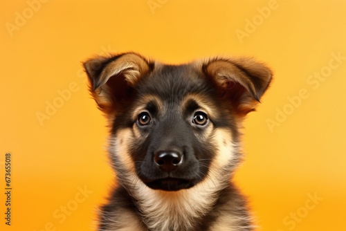 Cute shepherd puppy on orange background with copy space
